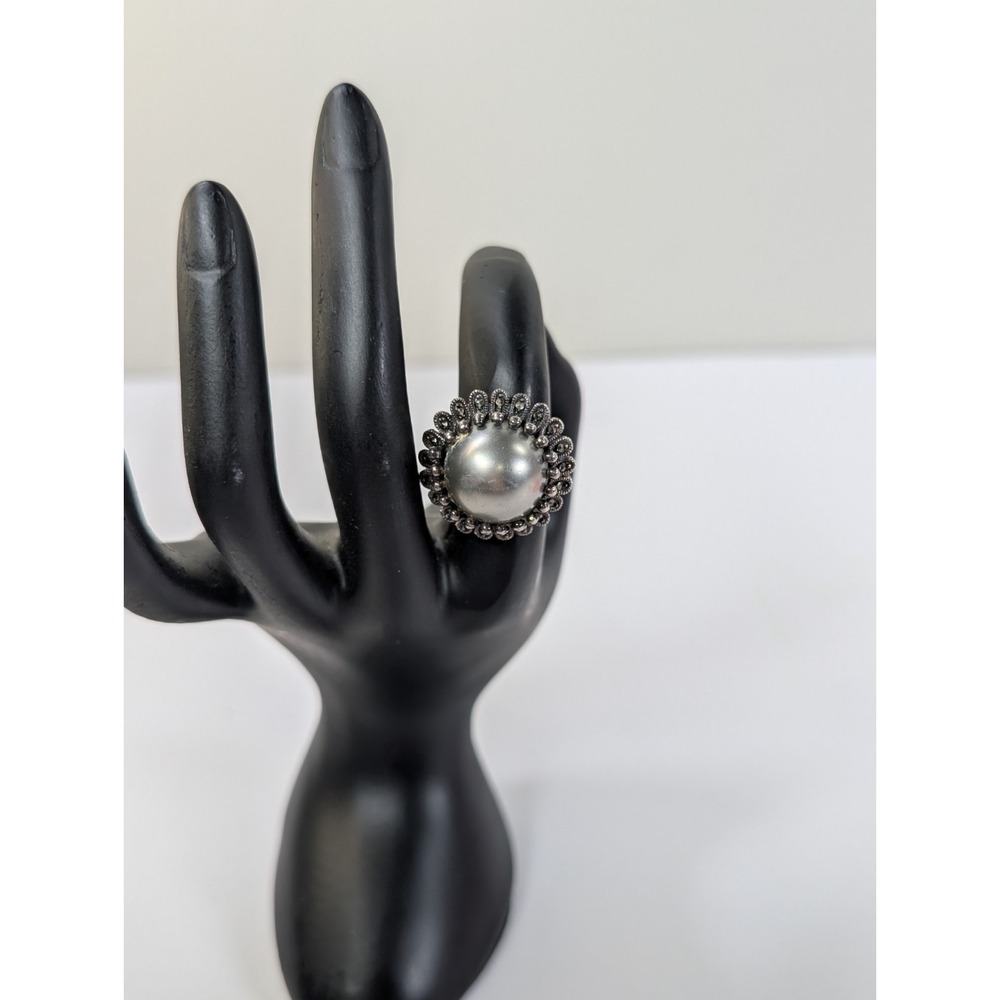 925 Sterling Silver‎ Round Shape Freshwater Pearl Marcasite Women Ring Size US 7